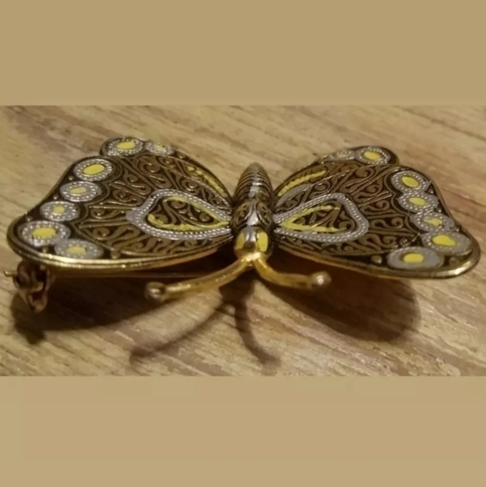 Vintage Hand Painted Golden Butterfly Brooch